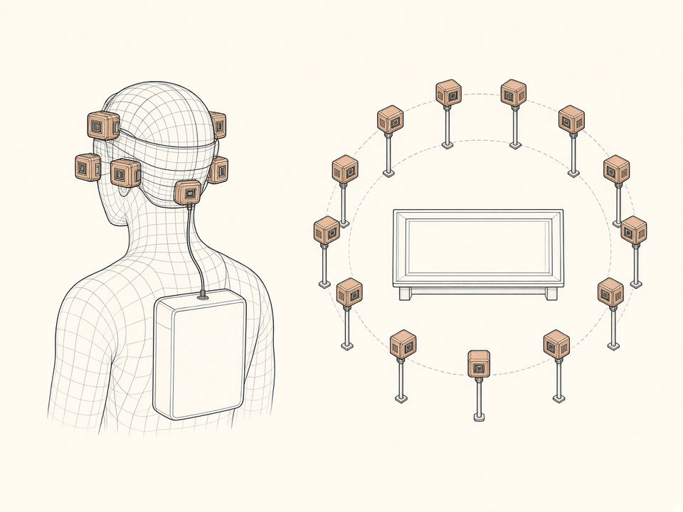 Cameras on a head cabled to a backpack, and cameras in a ring around a bench.