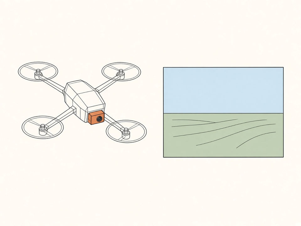 A quadcopter with a forward camera, and one frame split between sky and field.