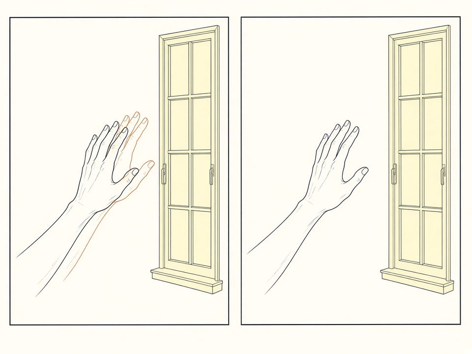 A hand recorded twice beside a window, and the same hand recorded once.