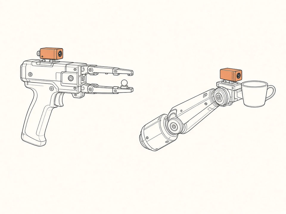 A gripper with a camera aimed along the jaws, and a robot wrist camera aimed at a cup.