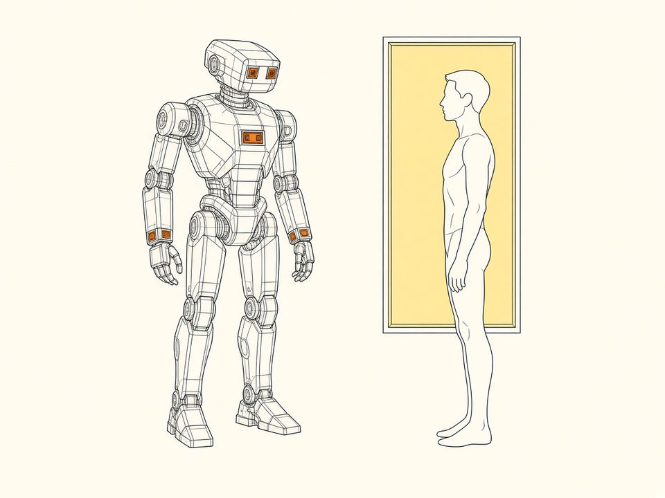 Humanoid with cameras on the head, chest and wrists, facing a person at a window.