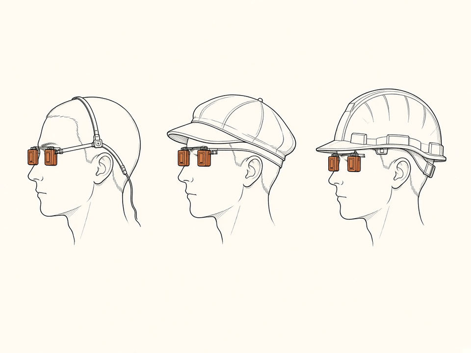 Stereo cameras on a headset, a cap, and a hard hat.